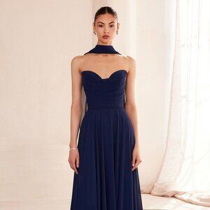 New A-Line Strapless Chiffon Dress w/ Scarf Accessory & Lace Up Back CD T703